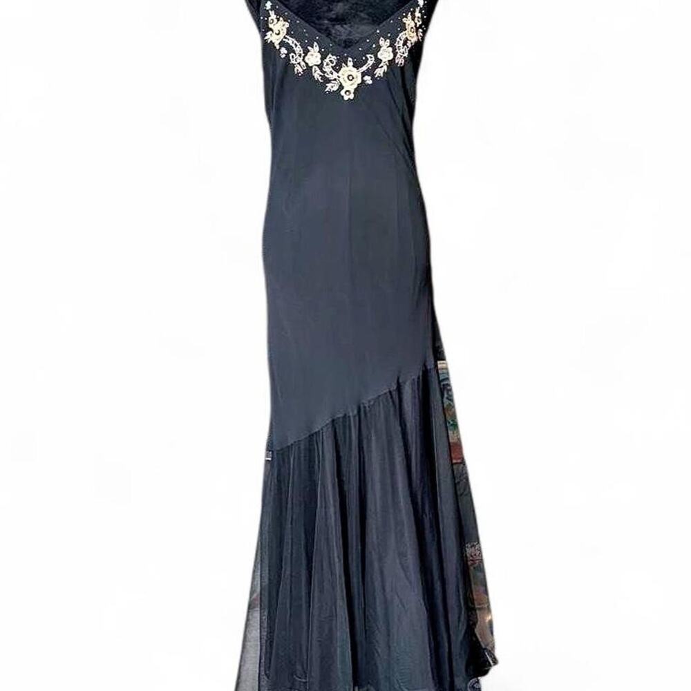 90s Black Embroidered Slip Dress – Goth Formal Maxi 20W